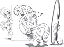 Size: 1476x1099 | Tagged: safe, artist:nauyaco, derpibooru import, starlight glimmer, sunburst, trixie, pony, accessory theft, cape, clothes, clothing theft, grayscale, hat, image, mirror, monochrome, png, robe, starlight wearing sunburst's robe, starlight wearing trixie's hat, sunburst's cloak, trixie's hat