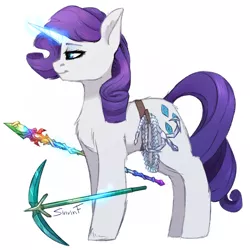 Size: 2480x2480 | Tagged: safe, artist:sinrinf, derpibooru import, rarity, pony, crossover, glowing horn, hook, horn, image, pickaxe, png, rainbow, rod, solo, terraria, video game