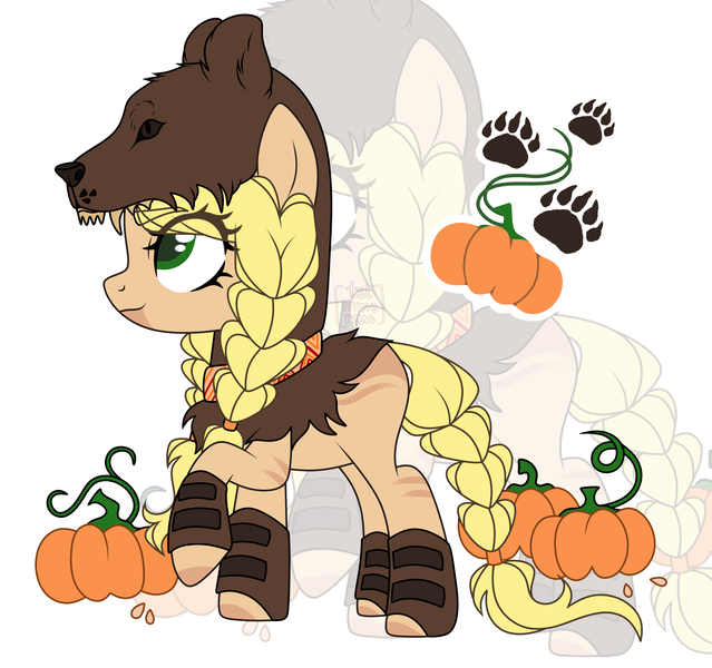 Size: 2966x2784 | Tagged: safe, artist:elberas, derpibooru import, oc, oc:fresh prints, unofficial characters only, bear, earth pony, pony, blank flank, boots, clothes, female, gloves, image, mare, markings, pelt, png, pumpkin, raised hoof, shoes, simple background, solo, white background, zoom layer