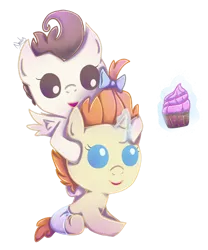 Size: 1024x1231 | Tagged: safe, artist:nnaly, derpibooru import, pound cake, pumpkin cake, pegasus, pony, unicorn, baby, baby pony, brother and sister, cake twins, colt, cupcake, cute, diaper, female, filly, food, image, magic, male, png, siblings, simple background, telekinesis, transparent background, twins