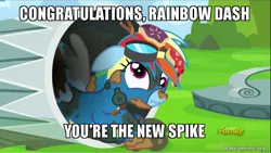 Size: 800x450 | Tagged: safe, derpibooru import, edit, edited screencap, screencap, rainbow dash, newbie dash, the return of harmony, caption, clothes, derp, discovery family logo, full circle, image, image macro, jpeg, meme, rainbow trash, reference, scrunchy face, text, trash, trash can, uniform, wonderbolts uniform