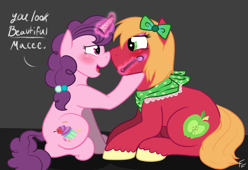 Size: 2000x1371 | Tagged: safe, artist:ponykittenboi, derpibooru import, big macintosh, sugar belle, earth pony, pony, unicorn, big femboyintosh, boop, coming out, female, image, lesbian, macarebelle, makeup, male, male to female, noseboop, png, rule 63, shipping, show accurate, straight, sugarmac, support, trans female, trans mare big mac, transgender, true love