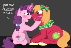 Size: 2000x1371 | Tagged: safe, artist:ponykittenboi, derpibooru import, big macintosh, sugar belle, earth pony, pony, unicorn, big femboyintosh, boop, coming out, female, image, lesbian, macarebelle, makeup, male, male to female, noseboop, png, rule 63, shipping, show accurate, straight, sugarmac, support, trans female, trans mare big mac, transgender, true love