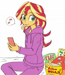 Size: 1620x1876 | Tagged: safe, artist:haibaratomoe, derpibooru import, sunset shimmer, equestria girls, clothes, cute, image, jpeg, looking at you, pajamas, phone, shimmerbetes, simple background, snacking, snacks, solo, white background