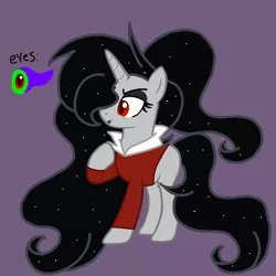 Size: 1378x1378 | Tagged: safe, artist:circuspaparazzi5678, derpibooru import, oc, oc:veronica neighsay, pony, unicorn, base used, clothes, eyeshadow, image, lipstick, magical gay spawn, makeup, offspring, parent:chancellor neighsay, parent:king sombra, png, purple background, red eyes, red shirt, shirt, simple background, solo, sombra eyes, wavy mane