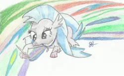 Size: 2781x1708 | Tagged: safe, artist:goldenflow, derpibooru import, silverstream, hippogriff, uprooted, colored pencil drawing, cute, diastreamies, female, image, jpeg, lidden eyes, lying down, paintbrush, painting, prone, scene interpretation, smiling, solo, traditional art