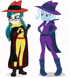 Size: 796x879 | Tagged: safe, artist:punzil504, derpibooru import, editor:thomasfan45, juniper montage, mare do well, trixie, human, equestria girls, angry, belt, boots, cape, clothes, cosplay, costume, crossover, darkwing duck, disney, ducktales, duo, duo female, female, gloves, gritted teeth, hand on hip, hat, image, jpeg, negaduck, negamare, pigtails, shoes, simple background, smug, twintails, utility belt, vector, white background