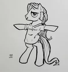 Size: 1134x1200 | Tagged: safe, artist:abronyaccount, derpibooru import, pony, bipedal, black and white, clothes, cocked eyebrow, grayscale, image, ink, ink drawing, jpeg, male, monochrome, ponytail, pun, shirt, sideburns, smiling, stallion, standing on two hooves, t-shirt, traditional art