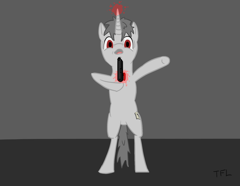 Size: 3300x2550 | Tagged: semi-grimdark, artist:tofuslied-, derpibooru import, oc, unofficial characters only, pony, unicorn, beginner artist, bipedal, glowing horn, gun, handgun, horn, image, levitation, magic, male, open mouth, pistol, png, solo, stallion, suicidal, telekinesis, weapon