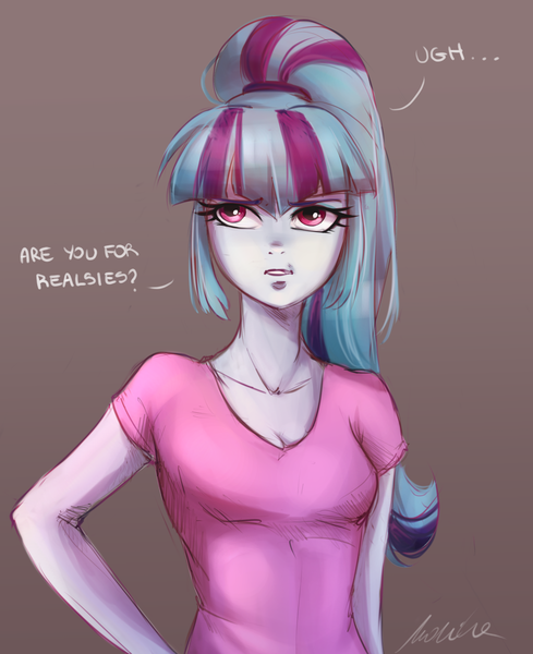 Size: 2118x2601 | Tagged: safe, artist:buttersprinkle, derpibooru import, sonata dusk, equestria girls, rainbow rocks, breasts, cleavage, clothes, dialogue, eyeroll, female, for realzies, hand on hip, image, looking at you, png, ponytail, realzies, shirt, simple background, solo, t-shirt, talking to viewer, ugh