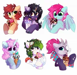 Size: 2047x2000 | Tagged: safe, artist:mirtash, derpibooru import, oc, oc:bead trail, oc:lexing, oc:rivibaes, oc:scoops, unofficial characters only, earth pony, pegasus, pony, unicorn, bust, donut, eating, food, goggles, ice cream, image, jpeg, markings, mask, pale belly, simple background, white background