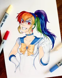 Size: 1080x1350 | Tagged: safe, artist:anabarana, derpibooru import, rainbow dash, human, alternate hairstyle, bust, choker, clothes, female, fist pump, gloves, grin, humanized, image, jpeg, long gloves, sailor moon, simple background, smiling, solo, traditional art, white background