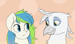 Size: 1500x887 | Tagged: safe, artist:klooda, derpibooru import, oc, oc:blake, oc:ravebounce, unofficial characters only, earth pony, gryphon, pony, animated, blushing, bust, commission, couple, cute, daaaaaaaaaaaw, eyes closed, female, floppy ears, frame by frame, gif, griffon oc, holiday, image, kiss on the cheek, kissing, male, mare, ocbetes, open mouth, portrait, shy, smiling, smooch, valentine's day, ych result