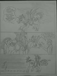 Size: 1944x2592 | Tagged: safe, artist:princebluemoon3, author:bigonionbean, derpibooru import, oc, oc:tommy the human, bat pony, human, pony, comic:sisterly silliness, armor, bags under eyes, black and white, butt, canterlot, canterlot castle, castle, child, clothes, comic, commissioner:bigonionbean, cutie mark, dialogue, embarrassed, extra thicc, flank, grayscale, hallway, human oc, image, jiggling, jpeg, kneeling, male, monochrome, night guard, night guard armor, petting, plot, riding, riding a pony, royal guard, snorting, stallion, tail wag, thought bubble, tired, traditional art, whinny