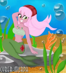 Size: 1952x2168 | Tagged: safe, artist:cyber-murph, derpibooru import, raspberry lilac, mermaid, equestria girls, equestria girls series, background human, bandana, belly, belly button, bubble, coral, cute, cutie mark, flowing hair, flowing mane, image, jewelry, mermaidized, midriff, necklace, png, rock, seaweed, signature, sitting, species swap, tube top