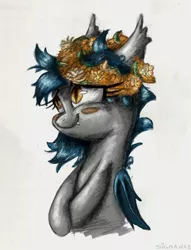 Size: 1424x1863 | Tagged: safe, artist:sigmanas, derpibooru import, oc, oc:speck, unofficial characters only, bat pony, pony, cute, floral head wreath, flower, image, png, shy, solo, wreath, щщоки
