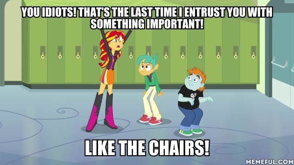 Size: 600x337 | Tagged: safe, derpibooru import, edit, edited screencap, screencap, snails, snips, sunset shimmer, equestria girls, equestria girls (movie), canterlot high, caption, dialogue, female, image, image macro, jpeg, male, regular show, text, trio, yelling