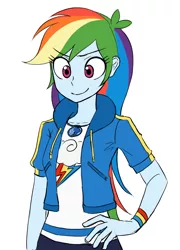 Size: 884x1230 | Tagged: safe, artist:haibaratomoe, derpibooru import, rainbow dash, equestria girls, equestria girls series, cute, dashabetes, eye clipping through hair, eyebrows visible through hair, female, geode of super speed, hand on hip, image, magical geodes, png, simple background, smiling, solo, white background