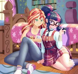 Size: 1920x1818 | Tagged: safe, artist:dstears, derpibooru import, sci-twi, sunset shimmer, twilight sparkle, equestria girls, bedroom, blushing, clothes, crystal prep academy uniform, duo, duo female, earbuds, female, headphones, human coloration, image, implied lesbian, implied shipping, jpeg, lesbian, missing shoes, mobile phone, phone, school uniform, scitwishimmer, shipping, sleeveless, smartphone, socks, stocking feet, sunsetsparkle, tanktop