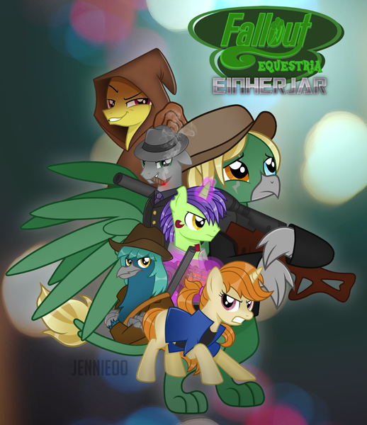 Size: 1036x1200 | Tagged: safe, artist:jennieoo, derpibooru import, oc, oc:arcturus aquila, oc:cassius aquila, oc:don crackshot, oc:dr. sprocket, oc:gale springbreeze, oc:patriarch emilius, earth pony, gryphon, pony, unicorn, fallout equestria, fanfic, fanfic art, griffon oc, gun, image, png, show accurate, weapon