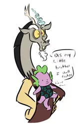 Size: 1285x2048 | Tagged: safe, artist:thechaoticboop, derpibooru import, discord, spike, draconequus, dragon, baby carrier, carrying, dialogue, image, jpeg, put me down, suspended