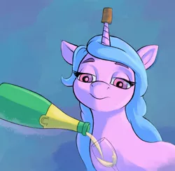 Size: 1027x1004 | Tagged: safe, artist:escapisttwi, derpibooru import, izzy moonbow, pony, unicorn, bottle, colored pupils, cork, drink, female, g5, glass, horn, horn guard, horn impalement, image, izzy impaling things, jpeg, lidded eyes, mare, simple background, solo