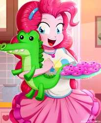 Size: 1784x2163 | Tagged: safe, artist:the-butch-x, derpibooru import, gummy, pinkie pie, alligator, equestria girls, equestria girls series, the craft of cookies, spoiler:eqg series (season 2), beautiful, blue eyes, breasts, busty pinkie pie, candy, clothes, cookie, cute, cutie mark, cutie mark on clothes, diapinkes, dress, female, food, geode of sugar bombs, gummybetes, happy, headband, heart, image, jar, jewelry, looking at you, magical geodes, male, necklace, open mouth, pink hair, plushie, png, red hair, remake, skirt, smiling, smiling at you, solo, tanktop, tray
