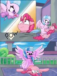 Size: 768x1024 | Tagged: suggestive, artist:mrleft, derpibooru import, bifröst, pinkie pie, silverstream, earth pony, hippogriff, pegasus, pony, series:school snacks, comic, female, friendship student, hen, image, imminent vore, mare, png, spread wings, story in the source, swirly eyes, tackle, vore, wings