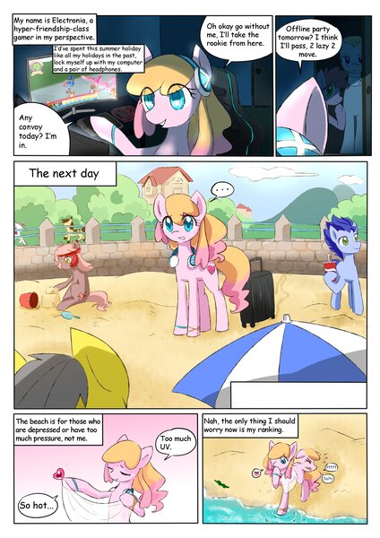 Size: 2480x3508 | Tagged: safe, artist:brony_festival, derpibooru import, oc, oc:electronia, earth pony, pony, comic:electrowave, beach, bucket, china, drink, eyes closed, female, headphones, image, jpeg, male, mascot, open mouth, qingdao, qingdao brony festival, sandcastle, shovel, trotting, umbrella, wavy mouth