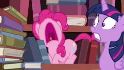 Size: 1280x720 | Tagged: safe, derpibooru import, screencap, pinkie pie, twilight sparkle, twilight sparkle (alicorn), alicorn, earth pony, pony, pinkie apple pie, aaugh!, book, bookshelf, female, gritted teeth, image, mare, open mouth, png, screaming, uvula, volumetric mouth