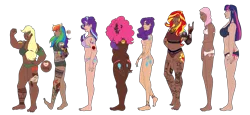 Size: 4621x2128 | Tagged: safe, artist:blacksky1113, derpibooru import, applejack, fluttershy, pinkie pie, rainbow dash, rarity, starlight glimmer, sunset shimmer, twilight sparkle, human, alternate hairstyle, applejack's hat, barefoot, bedroom eyes, belly button, bellyring, belt, black underwear, bra, bra strap, breasts, chubby, clothes, commission, cowboy hat, crop top bra, dark skin, ear piercing, earring, eyebrow piercing, feet, female, green underwear, grin, hat, headcanon, hijab, humanized, image, islam, islamashy, jewelry, lip piercing, mane six, nail polish, nose piercing, panties, pants, piercing, pink underwear, png, purple underwear, red underwear, religion, simple background, size difference, smiling, snake bites, tattoo, tongue piercing, transparent background, underwear, wall of tags