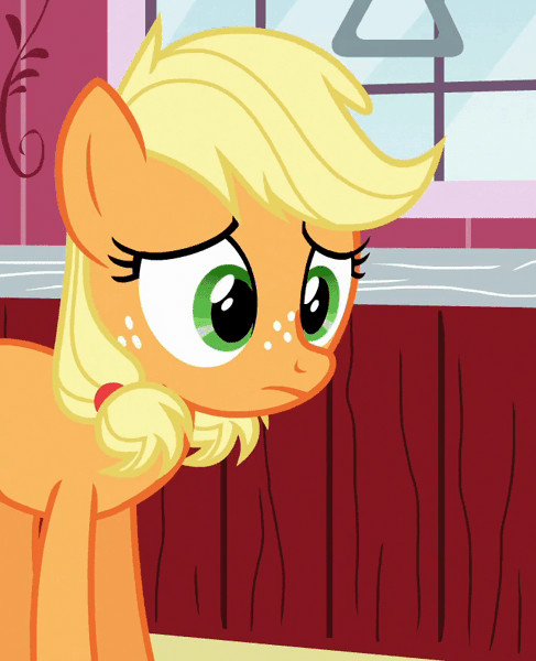 Size: 690x850 | Tagged: safe, derpibooru import, screencap, applejack, earth pony, pony, where the apple lies, animated, context is for the weak, cropped, double mane, female, floppy ears, freckles, gif, image, invisible stallion, open mouth, out of context, solo, teenage applejack, teenager