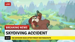 Size: 1280x720 | Tagged: safe, derpibooru import, edit, edited screencap, screencap, yona, yak, school raze, bow, breaking news, break your own news, cloven hooves, female, grammar error, hair bow, image, implied death, monkey swings, :o, open mouth, op is a duck, op is a mallard, png, this ended in death, too dumb to live, yonabuse