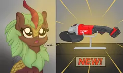 Size: 2020x1200 | Tagged: safe, artist:soctavia, derpibooru import, cinder glow, summer flare, kirin, amazed, angle grinder, big eyes, dialogue, female, image, in awe, light rays, mare, marewaukee, misleading thumbnail, open mouth, png, solo, text, want, wide eyes, woah