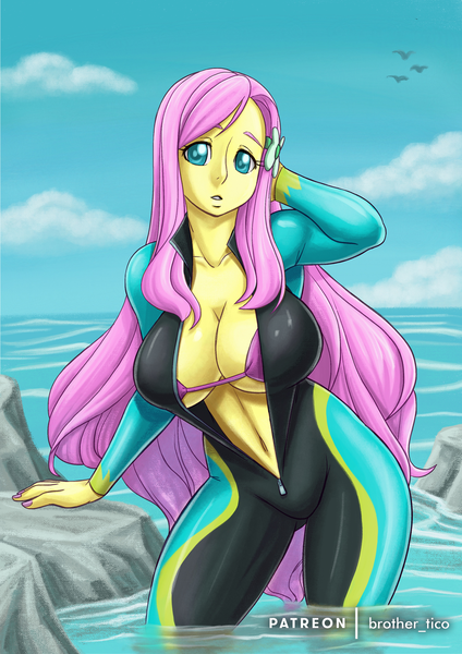 Size: 1116x1579 | Tagged: suggestive, artist:brother-tico, derpibooru import, fluttershy, equestria girls, equestria girls series, forgotten friendship, beach shorts swimsuit, belly button, big breasts, bikini, breasts, busty fluttershy, cleavage, clothes, female, fluttershy's beach shorts swimsuit, huge breasts, image, lidded eyes, looking at you, looking back, nail polish, png, swimsuit, unzipped, water, wetsuit