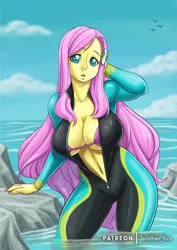 Size: 1116x1579 | Tagged: suggestive, artist:brother-tico, derpibooru import, fluttershy, equestria girls, equestria girls series, forgotten friendship, beach shorts swimsuit, belly button, big breasts, bikini, breasts, busty fluttershy, cleavage, clothes, female, fluttershy's beach shorts swimsuit, huge breasts, image, lidded eyes, looking at you, looking back, nail polish, png, swimsuit, unzipped, water, wetsuit