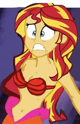 Size: 717x1107 | Tagged: suggestive, derpibooru import, edit, sunset shimmer, mermaid, equestria girls, 1000 hours in ms paint, bare shoulders, belly button, bra, breasts, cleavage, clothes, crossover, female, image, jpeg, mermaidized, midriff, scared, seashell bra, solo, solo female, species swap, strapless bikini, stupid sexy sunset shimmer, the little mermaid, underwear