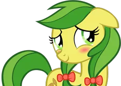 Size: 1161x825 | Tagged: safe, artist:nano23823, derpibooru import, apple fritter, earth pony, pony, .svg available, apple family member, blushing, bow, eyelashes, female, hair bow, image, mare, png, simple background, smiling, solo, transparent background, vector