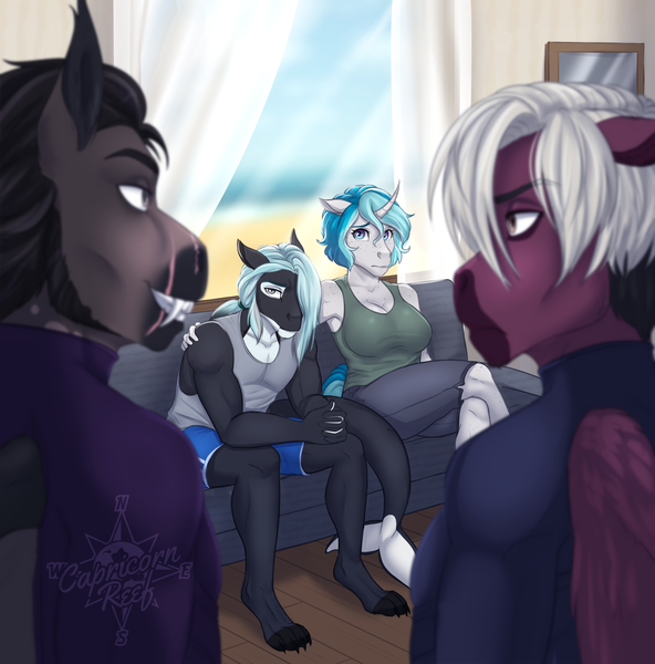 Size: 2973x3012 | Tagged: safe, artist:askbubblelee, derpibooru import, oc, oc:bubble lee, oc:isaac arche, oc:mako, oc:tobias pierce, unofficial characters only, anthro, bat pony, digitigrade anthro, orca, orca pony, original species, pegasus, pony, unguligrade anthro, anthro oc, bat pony oc, bat wings, crossed legs, digital art, female, image, makolee, male, mare, pegasus oc, png, shipping, sitting, stallion, story in the source, straight, wings