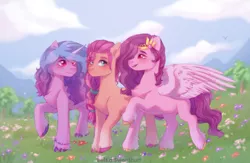 Size: 3500x2286 | Tagged: safe, artist:belkasweet, derpibooru import, izzy moonbow, pipp petals, sunny starscout, earth pony, pegasus, pony, unicorn, blushing, braid, chest fluff, cloud, female, flower, g5, grass, high res, image, mare, mountain, open mouth, png, raised hoof, sky, smiling, tree, unshorn fetlocks, wings