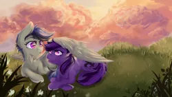 Size: 3840x2160 | Tagged: safe, artist:teawithsugaart, derpibooru import, oc, oc:gamebrony, oc:kioshka, unofficial characters only, earth pony, pegasus, pony, image, jpeg, nature, sky, smiling