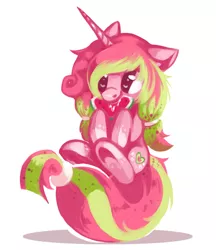 Size: 906x1050 | Tagged: safe, artist:typicalup, derpibooru import, oc, oc:melon pop, unicorn, eating, floppy ears, food, herbivore, horn, image, jpeg, sitting, solo, unicorn oc, watermelon