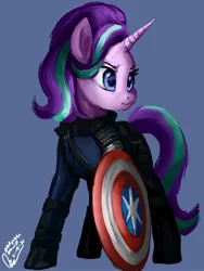 Size: 1536x2048 | Tagged: safe, artist:raphaeldavid, derpibooru import, starlight glimmer, pony, unicorn, armor, captain america, clothes, crossover, image, jpeg, marvel, shield, solo, winter soldier