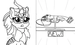 Size: 2020x1200 | Tagged: safe, artist:soctavia, derpibooru import, cinder glow, summer flare, kirin, angle grinder, big eyes, dialogue, female, image, in awe, mare, marewaukee, open mouth, png, power tools, sketch, solo, want, wip, woah
