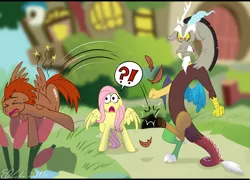 Size: 4086x2946 | Tagged: safe, artist:eveeka, derpibooru import, discord, fluttershy, oc, draconequus, pegasus, pony, comic:the last adventure, angry, confused, cottage, discoshy, eyes closed, female, funny, image, jealous, kicking, male, png, shipping, shocked, straight, yandere, yanderecord