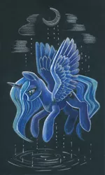 Size: 691x1150 | Tagged: safe, artist:maytee, derpibooru import, princess luna, alicorn, pony, black paper, colored pencil drawing, crescent moon, image, jpeg, moon, solo, traditional art