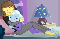 Size: 2260x1502 | Tagged: safe, artist:grapefruitface1, derpibooru import, trixie, oc, oc:grapefruit face, equestria girls, barefoot, base used, bed, bedroom, blushing, canon x oc, clothes, cuddling, eyes closed, feet, female, grapexie, hug, image, lamp, magic wand, male, nightstand, pajamas, picture, pillow, png, shipping, sleeping, straight