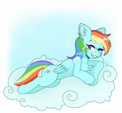 Size: 1200x1116 | Tagged: safe, artist:hachiipop, derpibooru import, rainbow dash, pegasus, pony, chest fluff, cloud, cute, dashabetes, ear fluff, female, image, jpeg, lying down, mare, on a cloud, one eye closed, prone, smiling, solo, wink