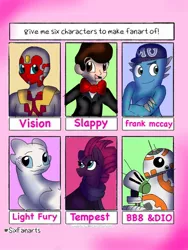 Size: 768x1024 | Tagged: safe, artist:artsymlp12, derpibooru import, tempest shadow, dragon, light fury, pony, robot, unicorn, six fanarts, my little pony: the movie, bb-8, broken horn, bust, clothes, crossed arms, crossover, doll, eye scar, female, friendship student, goosebumps, horn, how to train your dragon, image, jpeg, looking back, male, mare, marvel, monsters university, open mouth, scar, scarf, slappy the dummy, smiling, star wars, toy, vision (marvel comics)
