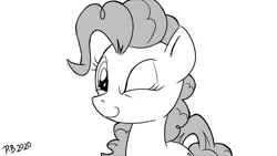 Size: 1200x675 | Tagged: safe, artist:pony-berserker, derpibooru import, pinkie pie, breaking the fourth wall, image, looking at you, monochrome, one eye closed, png, pony-berserker's twitter sketches, smiling, stippling, wink